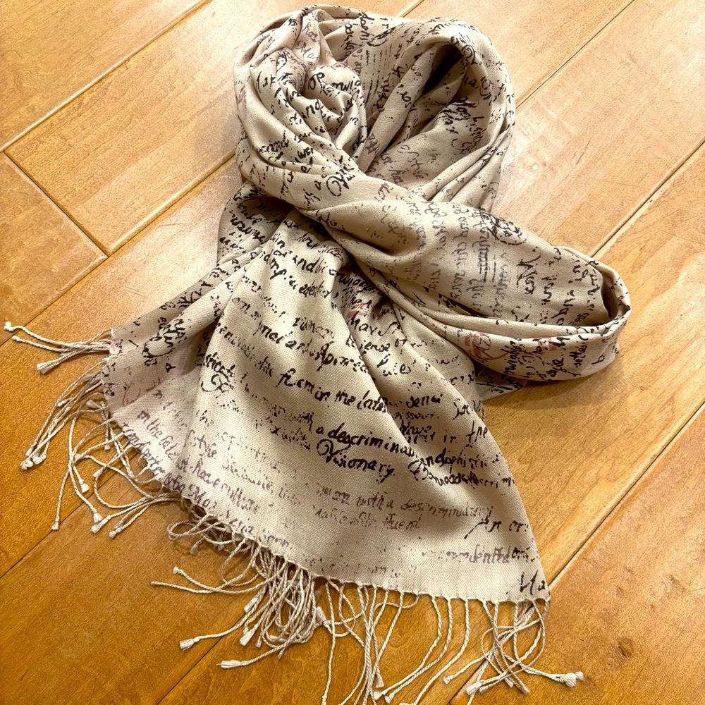 BCBG MaxAzria Shawl Scarf Beige with Brown Writing